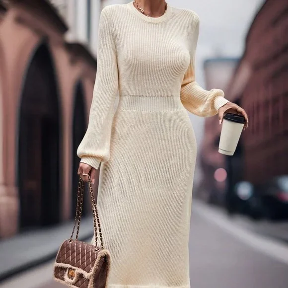 Apricot Casual Womens Fringe Hem Lantern Sleeve Sweater Dress - Picture 3 of 5